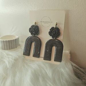 Polymer Clay cover in Resin Black Floral Earrings